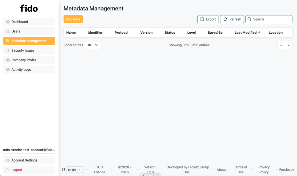 FIDO Alliance metadata screen